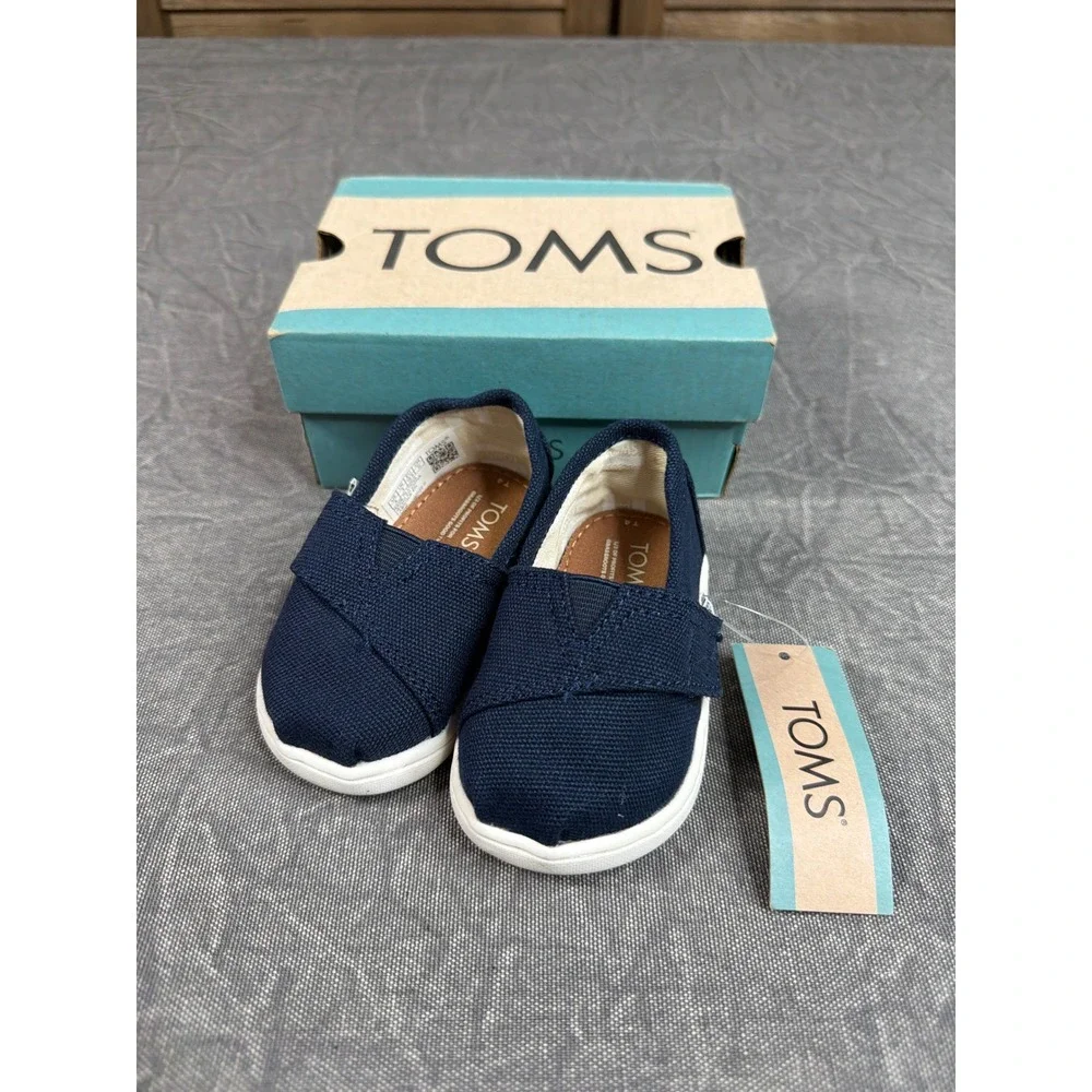TOMS Shoes Kids 4 Tiny Alpargata Navy Canvas Hook and Loop NEW
